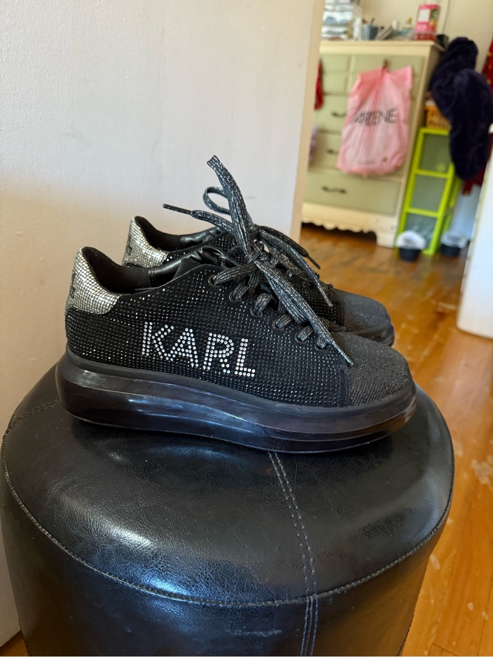 Karl Lagerfeld Black & Silver Sparkles Platform Sneakers